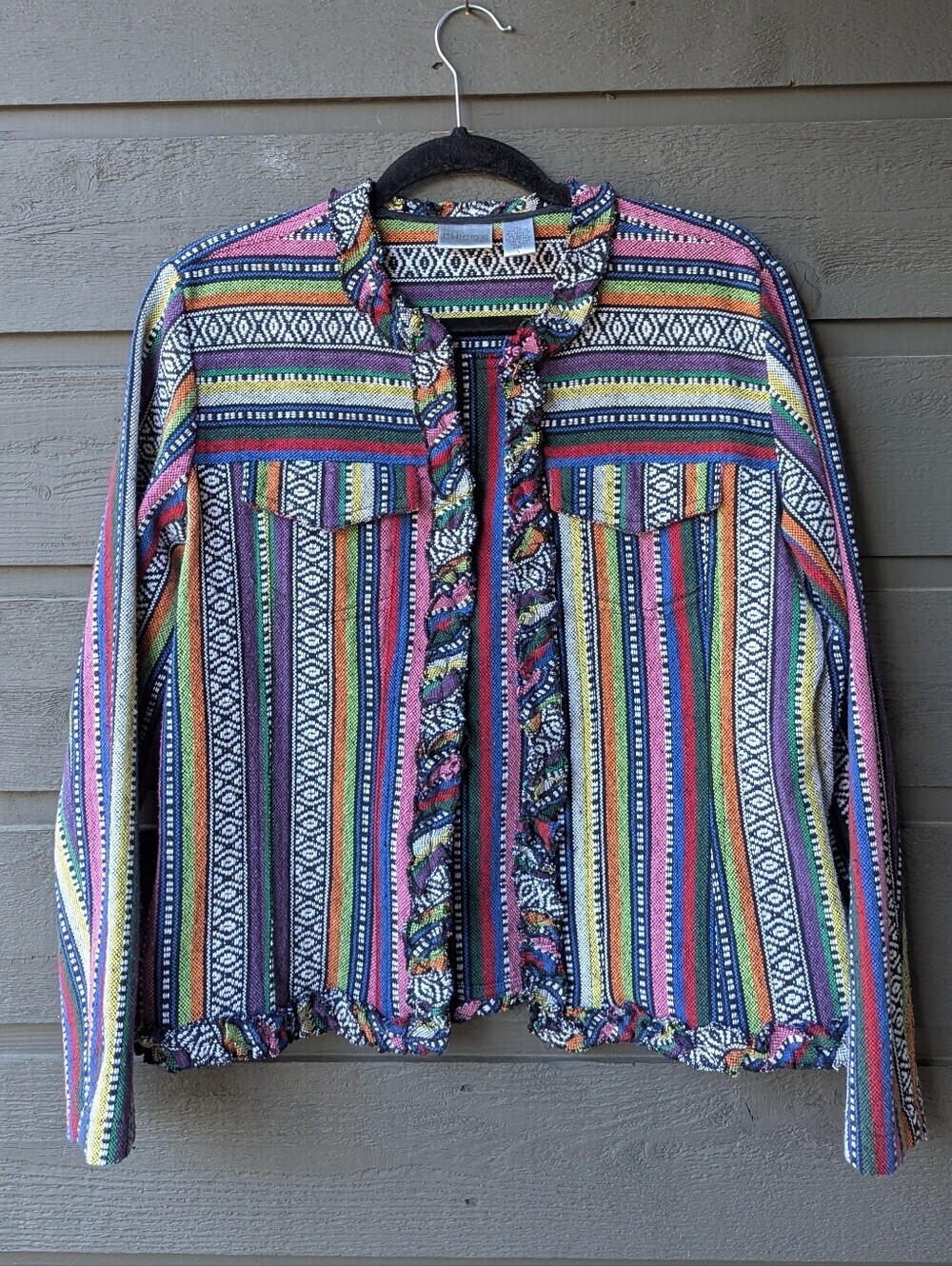 Chico's Multicolor Woven Striped Open-Front Jacket Ruffle Edge Size 1 Medium